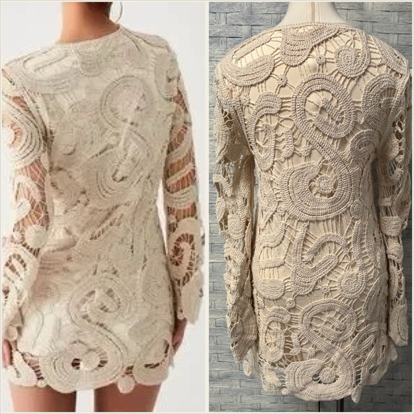 Commense Cream Crochet Lace Mini Dress Long Sleeve Boho Festival XS - Picture 3 of 8